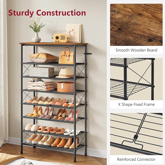 Tajsoon 8 Tier Shoe Rack Organizer for 28-32 Pairs of Shoes, Metal Mesh Shoe Shelf for Closet, Industrial Shoe Rack for Entryway Shoe Storage with X Shape Fixed Frame, Rustic Brown & Black