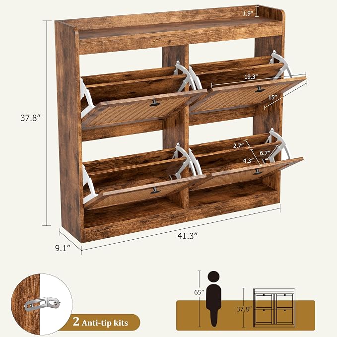 Garvee Shoe Storage Cabinet with 4 Flip Drawers, Wood Shoe Cabinet with Rattan Doors and Adjustable Shelves- Freestanding Shoe Organizer for Entryway, Hallway
