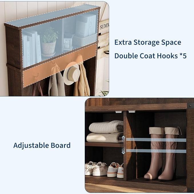 Garvee 77" H Farmhouse Hall Tree with Bench & Shoe Storage, Coat Rack | Mudroom Storage with 5 Tri-Hooks, Enclosed Cabinet, Adjustable Shelf, 2 Top Cubbies, for Entryway, Space Saving, Rustic Brown