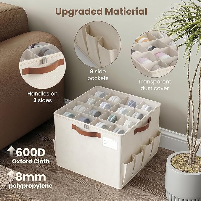 Varhomax Shoe Organizer Box for Closet, Fabric Shoe Storage Bin with Adjustable Dividers & Clear Cover, Holds up 16-32 Pairs of Sneakers & Sandals for Entryway, Cubby