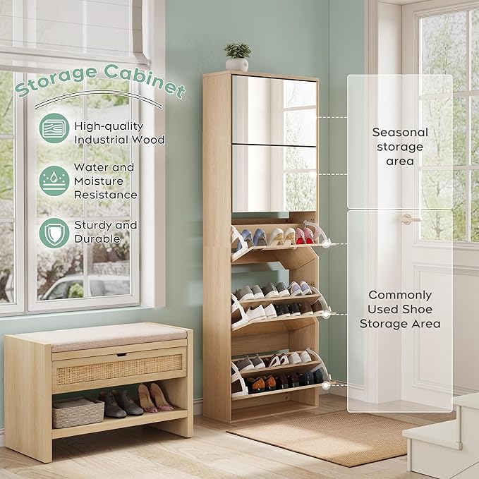 Yechen Mirror Shoe Cabinet with 5 Flip Drawers, Shoe Rack Storage Organizer, Entryway Shoe Cabinet for Front Door, Hallway (1 Piece, Mirror Silver)