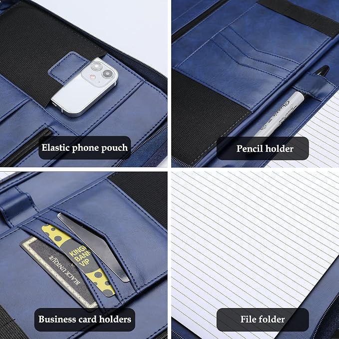 ProCase Portfolio Business Padfolio Folder with Zipper -Navy | Conference Meeting Executive File Legal Document Organizer with Pockets Letter Size A8 Writing Pad Notepad Padfolio