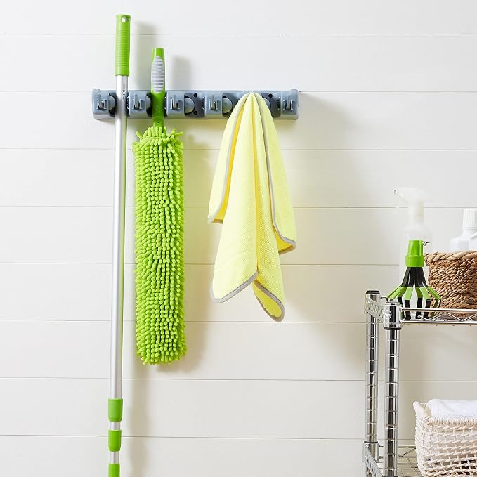 Amazon Basics Rectangular Heavy Duty Wall Mount Broom and Mop Holder, Sturdy Tool Organizer with Hooks and Slots for Garage, Garden, Laundry, Kitchen Organization, 2.36 x 16.9 x 3.35 in, Gray