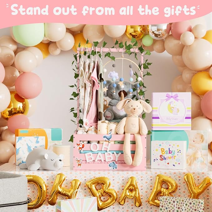 Large Baby Shower Gifts Basket Wooden Crate, Personalized Wooden Letters Hangers New Born Baby Girl Boy Pregnancy Gifts for New Mom Parents Vine Decorations Cute Closet with Adjustable Handle Pink