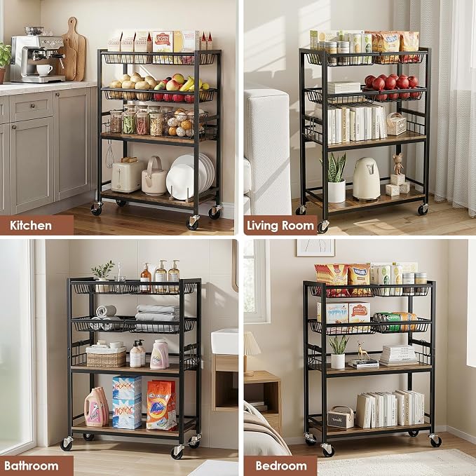 Fruit Vegetable Storage Cart, 4 Detachable Basket | 4-Tier Kitchen Rolling Storage Cart, Fruit & Vegetables Stand, Snack Organizer for Kitchen, Bathroom, Living Room