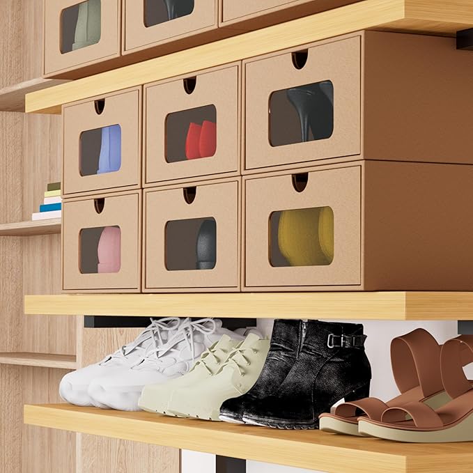12 Pack Shoe Storage Bins, Waterproof Storage Boxes, Shoe Containers For Sneaker Display, Hat Organizer, Stack-able Cardboard Boxes, with Marking Labels, Transparent Window(13.2'' x 8.3'' x 5.1'')