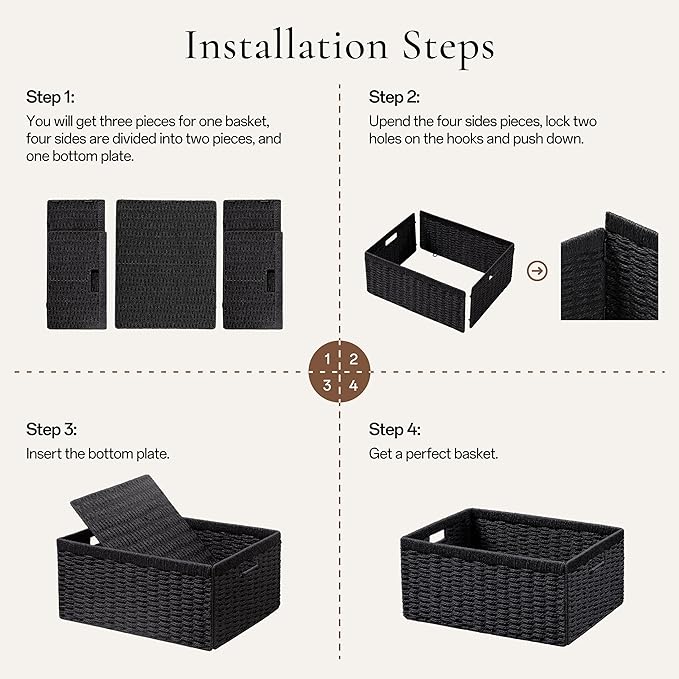 UBBCARE 3 Pack Wicker Basket, 13.4L×8.3H×7.1W inch Woven Paper Rope Storage Baskets for Shelves, Foldable Rectangular Storage Baskets with Handle, Storage Basket for Organizing, Black