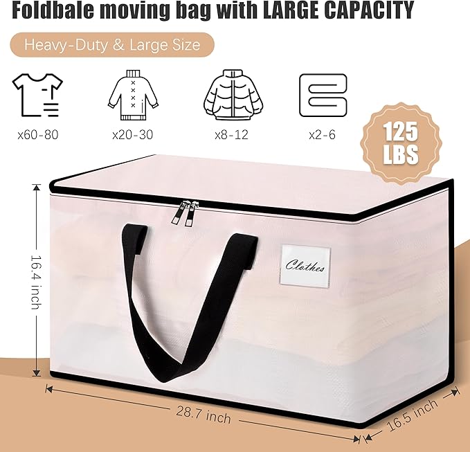 NATURELUX Heavy Duty Moving Bags - Extra Large Packing Bags and Storage Totes, Collapsible and Foldable Option for Moving and Storage, Clear, 125 L - 12 Pack