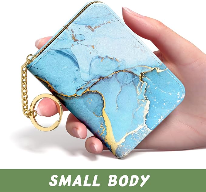 Aiawoxc Credit Card Holder for Women, Small RFID Wallet Slim Leather Card Organizer Case with Zipper Keychain, Light Blue Marble