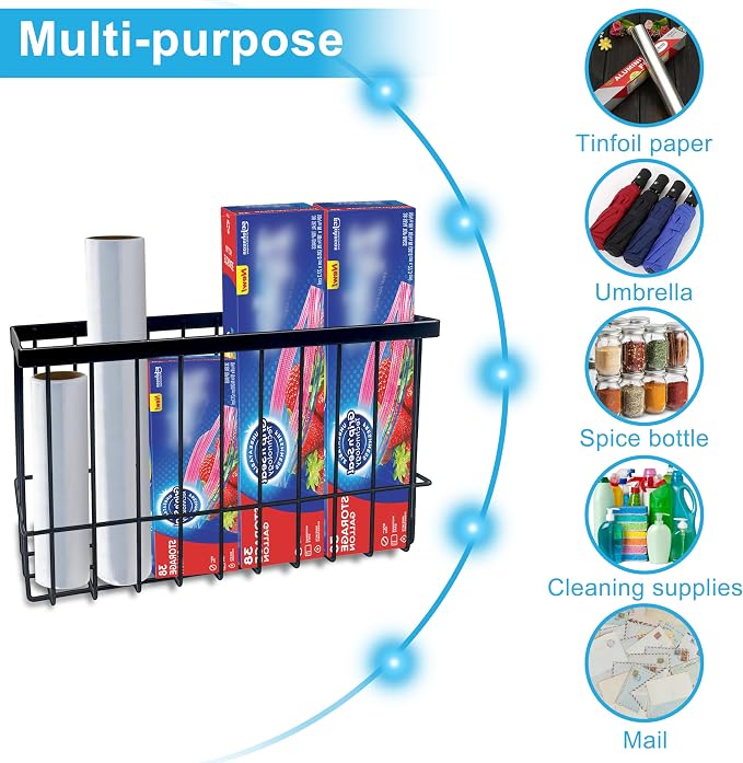Wall Organizer Baskets, Lid Organizers Inside Cabinet with 2 Caddy Adhesive, Cabinet Door Organizer with 2 Sponges, 4 Hooks, Cabinet Door Storage for Foil Aluminum Roll, Black, 2 Pack (Small, Medium)