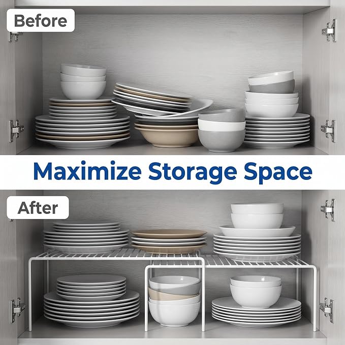 iPEGTOP Set of 2 Kitchen Cabinet Shelf Organizer, Medium (13 x 9.4 Inch) Bathroom Cabinet Organization Wire Shelf Rack, Rustproof Storage Space Saver Shelves for Countertops Pantries Utensils -White