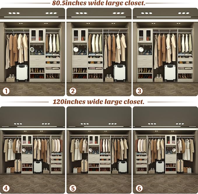 6.7FT-10FT Closet System Set with Half-Open Drawers, 80.5''-120" Wooden Modular Wardrobe Set with Shelving Towers, 80'' Height Closet Organizer with Hanging Rods and 2 Big Wing Shelves, White Oak