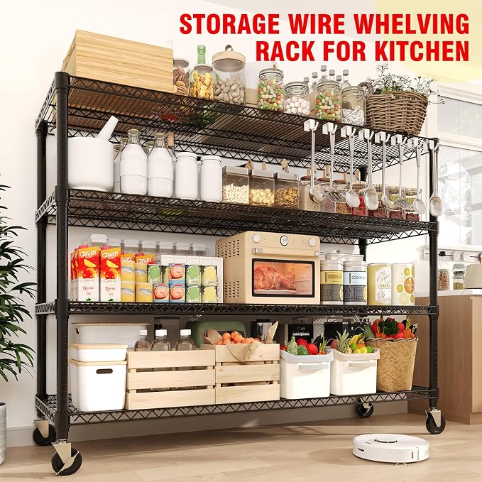 59"W Storage Shelves 2640LBS Heavy Duty Garage Shelving Units with Wheels, 4-Tiers Wire Shelving Rack Metal Storage Shelves with Adjustable Shelf, for Garage Pantry Kitchen Commercial Industrial