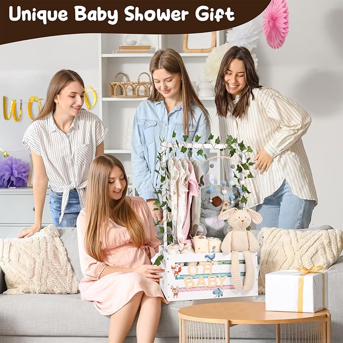 Large Baby Shower Gifts Basket Wooden Crate, Personalized Wooden Letters Hangers New Born Baby Girl Boy Pregnancy Gifts for New Mom Parents Vine Decorations Cute Closet with Adjustable Handle White