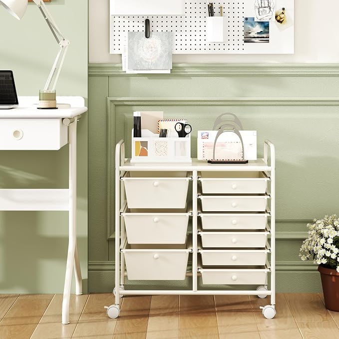 Moccha 9-Drawer Rolling Storage Cart - Under Desk Storage Drawers with wheels for Craft Art Supply Paper Salon, Scrapbook Paper Tools, Mobile Utility Cart for Classroom, White
