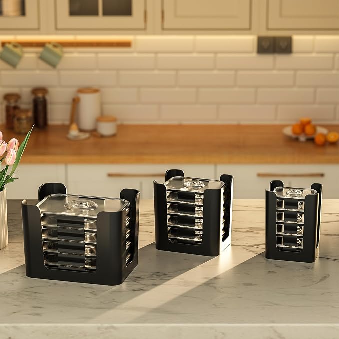 Black 3 Pack Food Container Lid Organizer for Rubbermaid Brilliance | Stackable Lid Holder for Kitchen Cabinet Storage & Pantry Organization, Fits 0.5, 1.3, 3.2, 4.7 Cup Lids, Holds 24 Lids