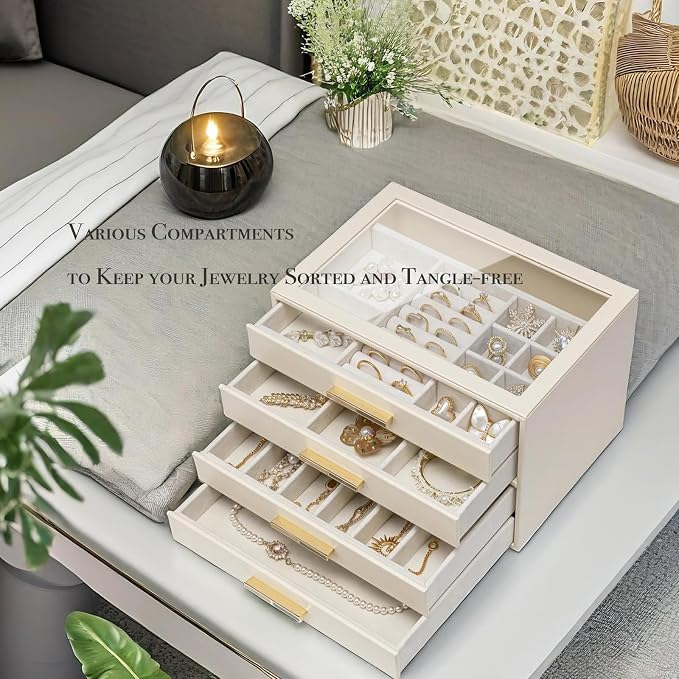 VLANDO 4-Drawer Jewelry Box with Glass Lid, Faux Leather Organizer for Rings Earrings Necklaces and More, Gift-Ready Jewelry Case for Women Girls or Moms, Beige
