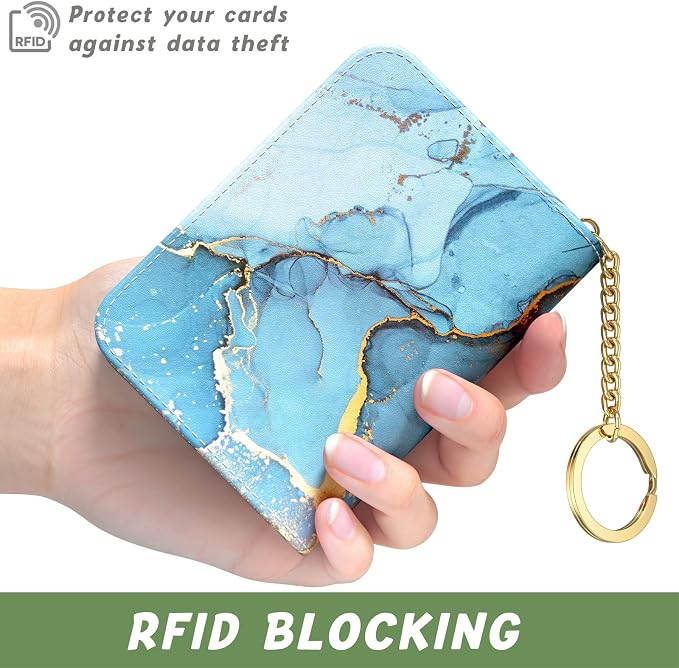 Aiawoxc Credit Card Holder for Women, Small RFID Wallet Slim Leather Card Organizer Case with Zipper Keychain, Light Blue Marble