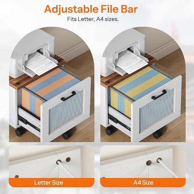 HOOBRO File Cabinet, Rolling File Cart, Under Desk Small Filing Cabinet, File Organizer Box, Home Office File Basket with Drawer for A4, Letter Files, White and Walnut WH11WJ01G1