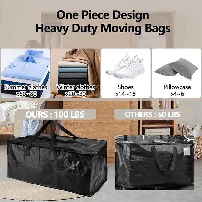 6 Pack Waterproof Moving Bags with Strong Zippers and Reinforced Handles, Real 100lb Capacity Extra Heavy Duty Large Storage Totes for Packing & Moving Storing, Alternative to Moving Boxes -95L,Black