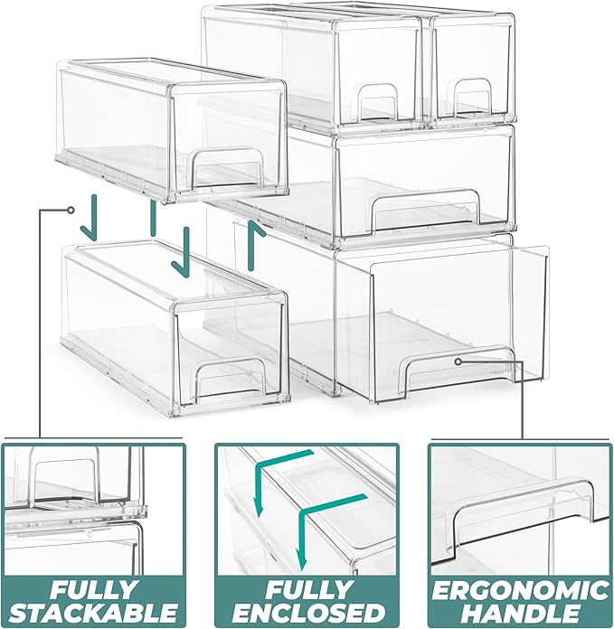 Sorbus Medium Clear Stackable Storage Drawers – 4-Pack Plastic Organizer Bins with Handles – Stackable Pull-Out Storage Drawers for Closet, Pantry, Office, Bathroom, Craft, and Toy Organization