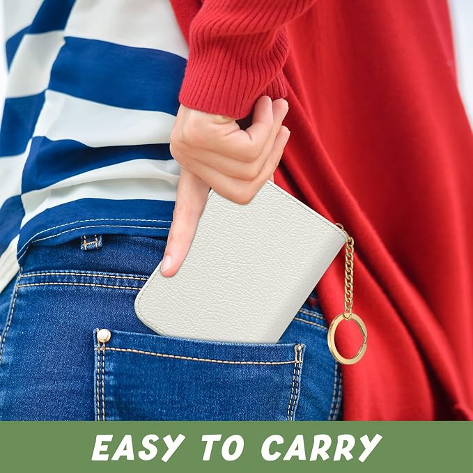 Aiawoxc Credit Card Holder for Women, Small RFID Wallet Slim Leather Business Card Organizer Case with Zipper and Keychain, White
