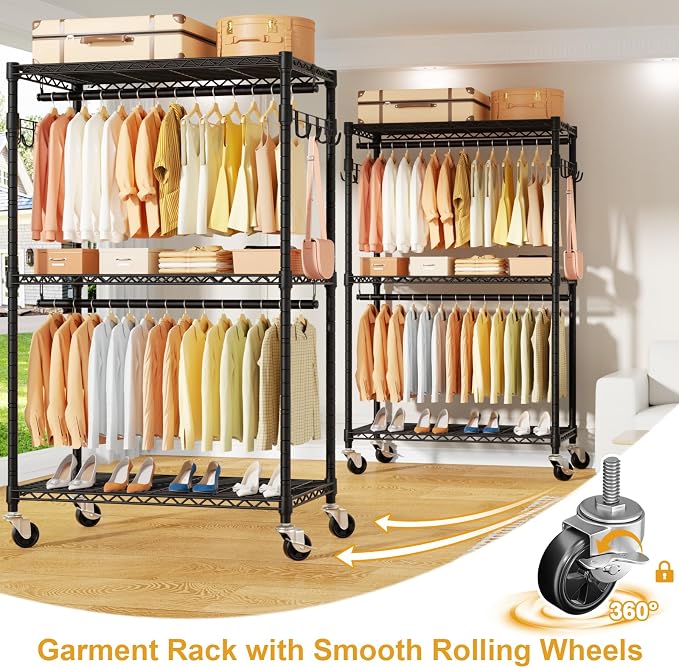 ULIFHOME P1 Rolling Clothes Rack, Portable Wardrobe Closet with Wheels, Heavy-Duty Closet Clothing Rack for Hanging Clothes, 35.5" W x 15.7" D x 80.5" H, Hold 500lbs, Black