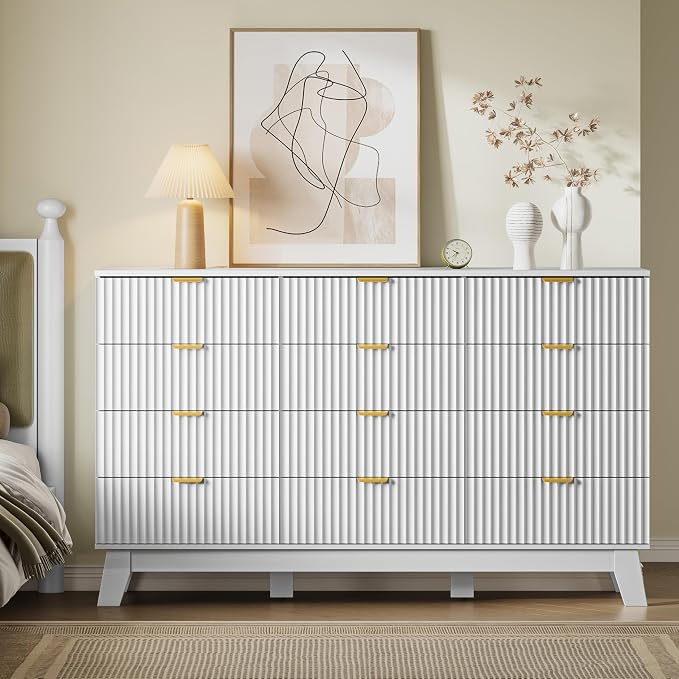 BORNOON 57" Wide Dresser for Bedroom, 12-Drawer Fluted Dresser with Metal Handles, Wood Chest of Drawers with Smooth Slides and Stable Base, Modern Storage Cabinet for Living Room, Nursery