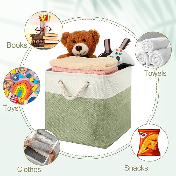 meekoo 8 Pack Collapsible Storage Bins Fabric Storage Bins Polyester Fabric Baskets with Handles Linen Closet Organizer for Shelf Home Closet Towels Toys(12 x 12 x 12 in,Green White)