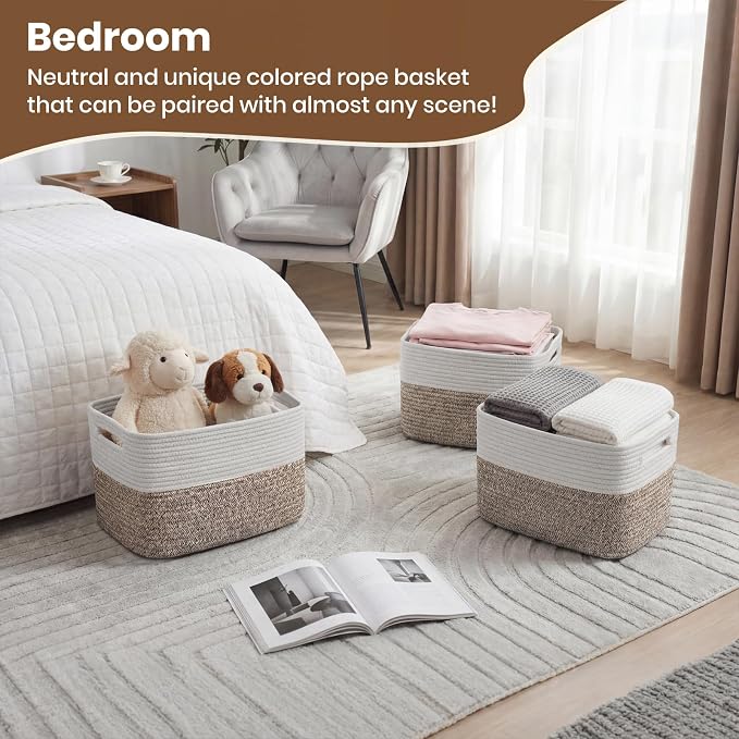 Storage Baskets for Organizing, 14 x 10 x 9” Closet Shelf Woven Baskets, Square Bins with Handles, Cotton Rope Basket for Clothes, Office, Room, White+Dark brown 1 Pack