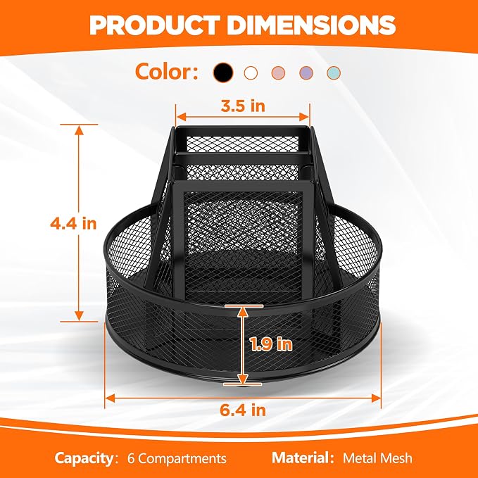 Docnest 360°Rotating Mesh Desk Organizer,6-Compartment Pen Holder,Black | Heavy-duty metal holder with removable divider. Space-saving stationery storage for pencils, scissors & markers