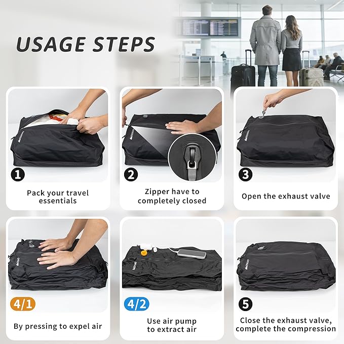 Upgraded Vacuum Bag for Travel, Professional IPX8 Waterproof Reusable Vacuum Compression Bags for Travel Suitcases, Durable Space Saver Bag(2 PACK TPU Black,With Pump)