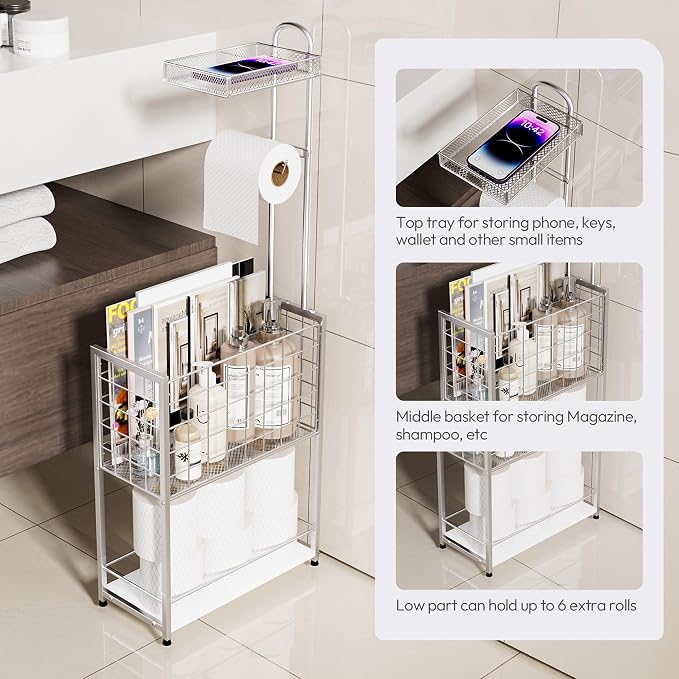 SWTYMIKI Freestanding Toilet Paper Holder - 4-Tier Free Standing Toilet Paper Holder Stand with Large Basket, Stand Mega Roll Storage Rack for Extra Rolls, Magazines, Wet Wipes, Silver