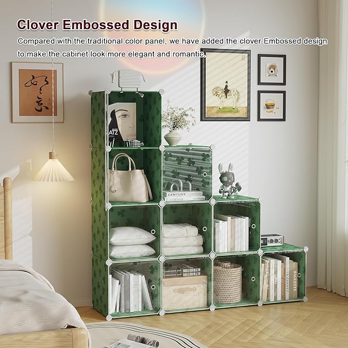 C&AHOME Cube Storage Organizer with Doors, 10-Cube Shelves, DIY Plastic Modular Bookshelf, Closet Clothes Storage Shelving Ideal for Bedroom, Living Room, Clover Embossed, Green