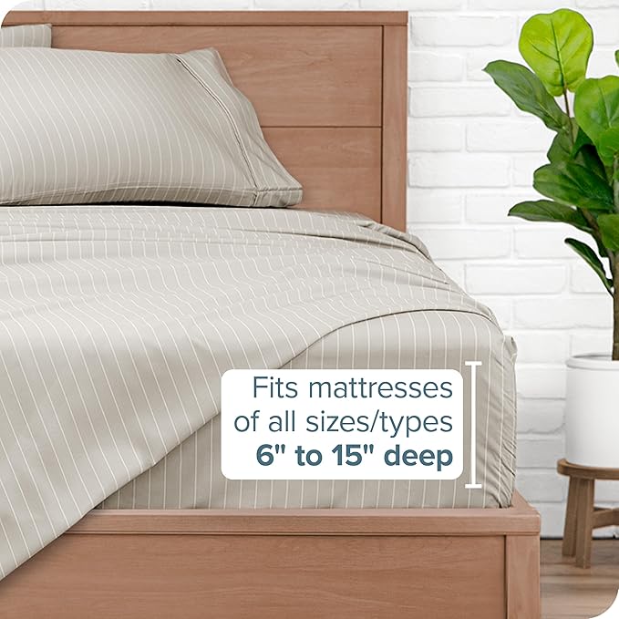 Bare Home Split King Sheet Set - 1800 Ultra-Soft Microfiber Bed Sheets - Double Brushed - Deep Pockets - Easy Fit - 5 Piece Set - Bed Sheets (Split King, Pinstripe - Stone/White)