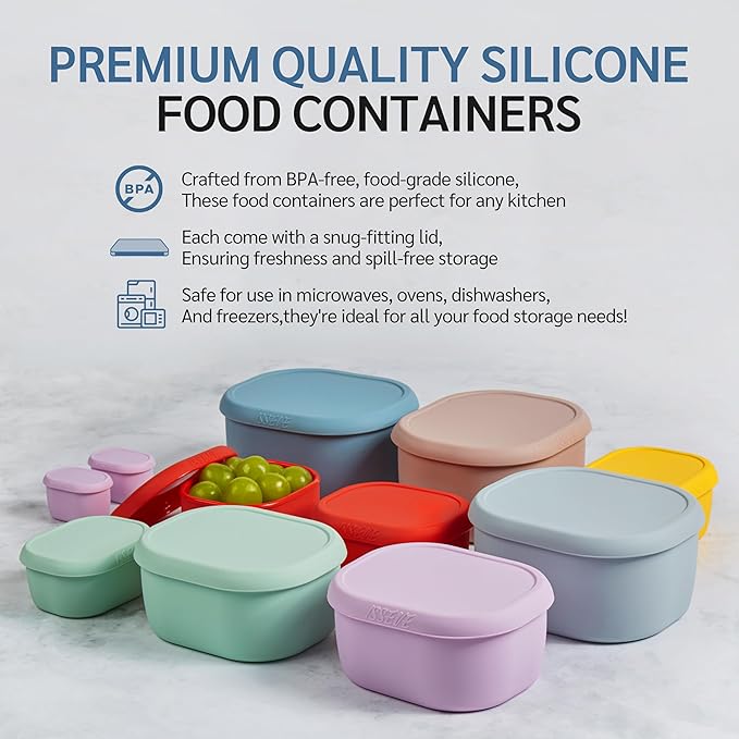 ISSEVE 12Pcs/Set Nesting Silicone Food Storage Containers with Lids, BPA Free Reusable Meal Prep Silicone Containers Airtight, Freezer Dishwasher Safe (33.8oz, 20oz, 10oz, 6.7oz, 1.3oz) (Red)