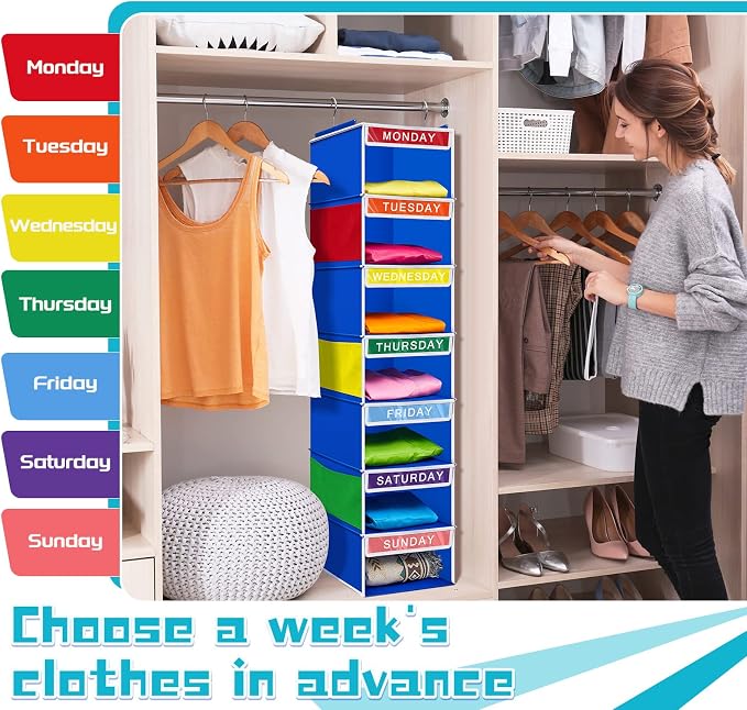 Amylove 2 Pcs 7 Shelf Weekly Clothes Organizer for Kids Hanging Closet Organizer 11. 8 x 11. 8 x 50 Inches Daily Activity Kids Clothes Storage Drawers Cube Drawers Closet Hanging Shelves(Blue)