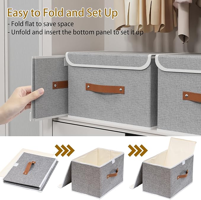 Yawinhe Collapsible Storage Boxes, Foldable Bin with Lids, Cube Clothes Organizer Basket with Handles, Grey, 13.0''Lx9.0''Wx7.9''H, 3-Pack, SNK024GS-3