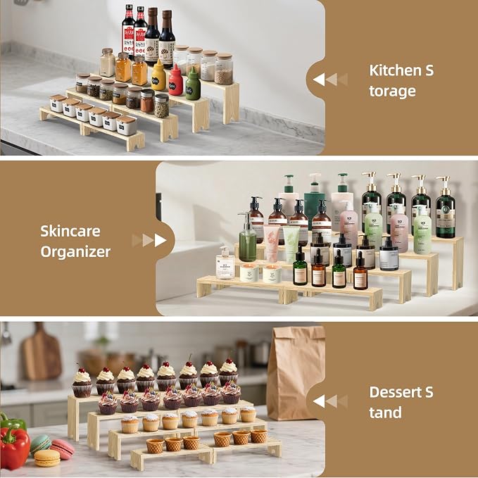 Large 2 Set wood tone Wooden Tiered Display Stands 4 Tier Stackable Pine Wood Display Risers, Suitable for Vendor Events, Cupcake Stands, cake stand Wooden Dessert Table Sets, Vendor Booth Displays,Cosmetic & Perfume Display Tools, Kitchen Spice Storag...