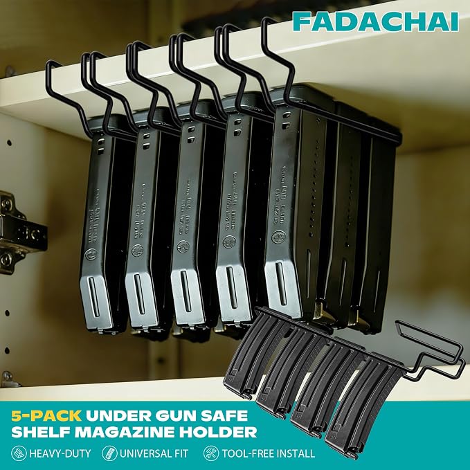 Under Gun Safe Shelf Magazine Holder, Universal Pistol Magazine Holder Fits Double-Stack or Magazines with Base Over 1.3”, 4LBS Load Capacity Pistol Magazine Rack, Gun Magazine Storage for Shelf