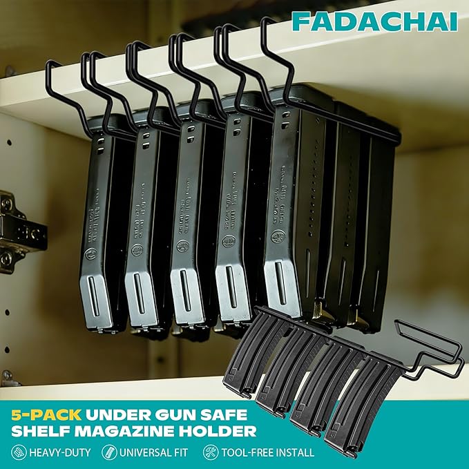 Under Gun Safe Shelf Magazine Holder, Universal Pistol Magazine Holder Fits Double-Stack or Magazines with Base Over 1.3”, 4LBS Load Capacity Pistol Magazine Rack, Gun Magazine Storage for Shelf