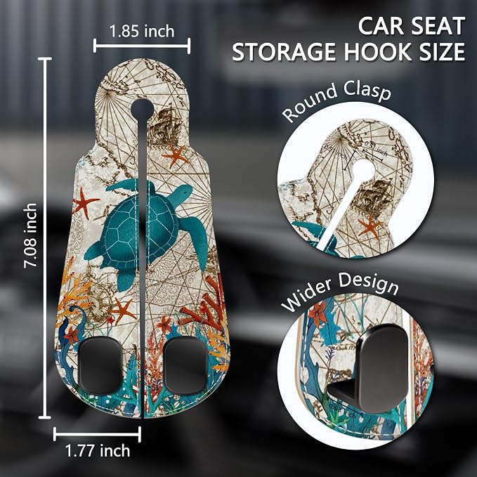 Blusabaca 2PCS Car Seat Headrest Hooks, Purses Bags Holder, Sea Turtle | PU Leather, Double Metal Back Storage Hangers for Grocery Bags Handbags Bottles Coats Phones, Car Accessories Organization
