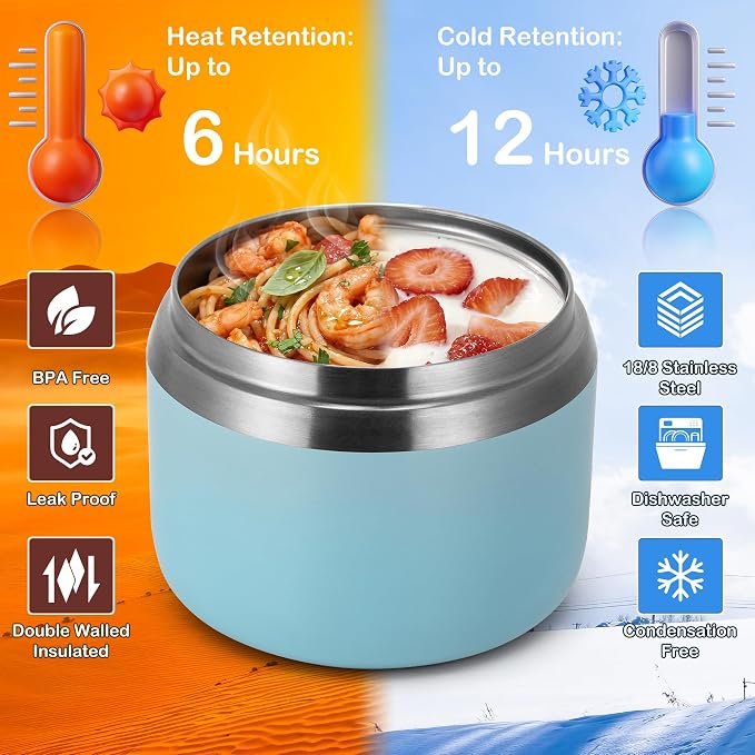 MAXSO 14oz Vacuum Insulated Food Jar with Spoon Buckle Lid, Kids Soup Thermo for Hot Food Wide Mouth Leakproof Stainless Steel Lunch Container - Sky Blue