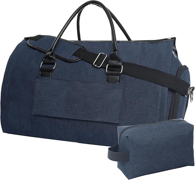 Convertible Garment Duffel Bag for Travel, Large Carry On Weekender Bag with Hanging Clothes Feature, Overnight Travel Duffle Bag for Women with Shoe Compartment (Navy Blue)