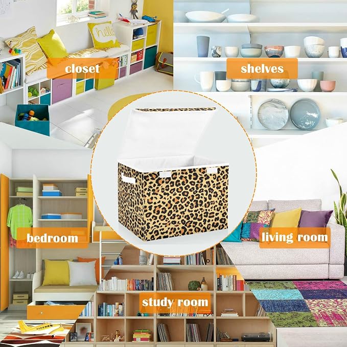 CaTaKu Large Fabric Storage Bins With Lids, Brown Leopard Print Storage Boxes With Handles for Organizing Clothes, Collapsible Storage Cube Bins Baskets for Shelves