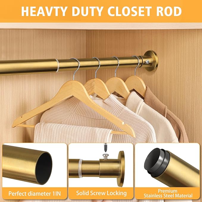 Closet Rods For Hanging Clothes, 17-40 Inch Adjustable Closet Rod, Stainless Steel Heavy Duty Closet Hanging Rod-Gold