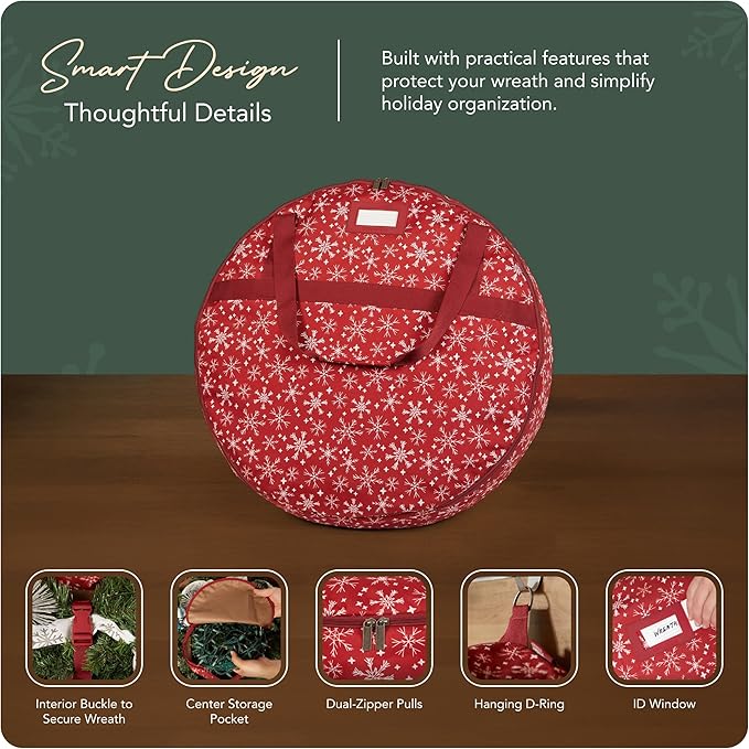Covermates Keepsakes Wreath Storage Bag – Heavy-Duty Polyester with Buckle Straps & Interior Pouch – Protective Holiday Wreath Organizer with Handles, D-Ring & Label Window, Red Snowflake