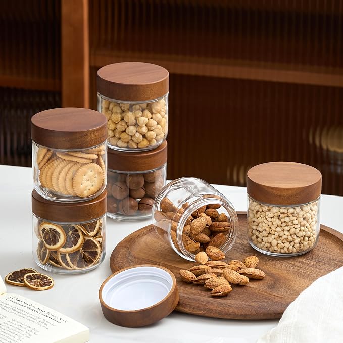 Danmu 12 oz Overnight Oats Containers with Lids,Glass Jars with Lids 4 Pack | Wooden Lid,Mason Jars 12 oz with Lids,Meal Prep,Yogurt,Leak-proof,Dishwasher Safe(remove lids),Fridge Safe,Portable