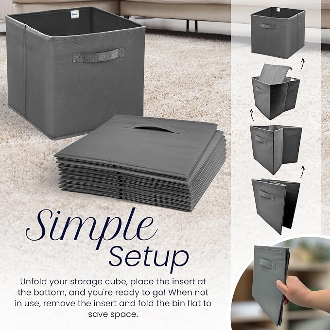 Reli. 13x13x13 Storage Cube Bins (4 Pack) | Dark Gray | Fabric Cube Storage Organizer | 13x13 Collapsible, Foldable Fabric Cubby Box (Square) | Bedroom, Office, Home Organization