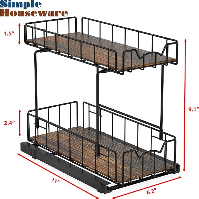 Simple Houseware 2-Tier Spice Rack Slide Out Wire Basket Drawer, Black | 2-Tier Spice Rack Slide Out Wire Basket Drawer Organizer